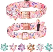 THAIN Custom Flower Girl Dog Collar Personalized for Female Dogs- Floral Pattern Engraved Pet Collars with Name Personalized Rose Gold Buckle (M(Neck 12.2-19.6"), Pink Flower)