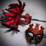 Venetian Couple Party Men Emperor Eye Mask & Women Top Feather Red Face Mask