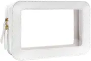 [FFpaw] Clear Makeup Bag Organizer, TSA Approved Portable Travel Toiletry Bag Multipurpose Cosmetic Bag Case for Women Vegan Leather Make Up Pouch Transparent Vinyl Windows, White, Travel Toiletry Bag