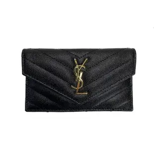 【YSL】SAINT LAURENT Monogram 拉鍊 皮革 皮夾 短夾 信封夾 卡夾 黑+金色