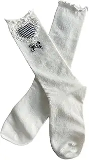 Esdlajks Cute Plaid Heart Shape Bow Tie Mid Tube Socks Girls Cotton Socks Lolita Socks (Color : White, Size : One Size)