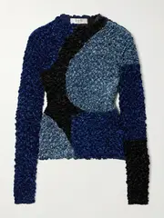 [Sea] Sea - Malene Smocked Patchwork Crushed-velvet Top - Blue - small small Blue