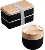 Bento Box, 2 Layer Adult Lunch Box, Leak Resistant Lunch Box with Soup Bowl, Japanese Bamboo Bento Box with Compartments and Utensils