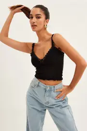 Black Mesh Lace Trim Cropped Cami - Size M, Women's Singlet