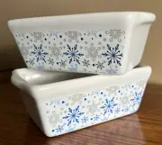 Celebrate It Set of 2 White with Blue Snowflakes Ceramic Mini Loaf Pans NEW