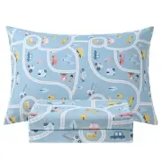 Twin Sheets Set Kids Blue Car Town - 3 Pieces Breathable Printed Bedding Set -