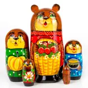 BEAR WITH STRAWBERRY NESTING DOLL. Wooden Russian Doll, 7-inch Matryoshka