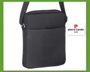 PIERRE CARDIN Mens Leather/Nylon Cross-Body Shoulder Bag Casual Travel Tote Blk