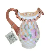 FENTON Art Glass Trellis Floral Pink Crest Ruffle Signed Pitcher Vase 7.5"