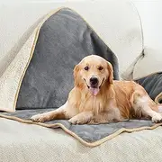 Waterproof Pet Blanket, 3-Layer Flannel and Sherpa, Reversible Dog and Cat Throw, Soft Furniture Protector for Bed Couch Sofa, Grey