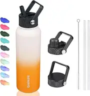 BJPKPK Insulated Water Bottles with Straw Lid, 40oz Stainless Steel Water Bottles with 3 Lids, BPA Free Leakproof Thermos, Tumblers, Cups for Sports, Gym- Coral