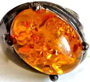 LARGE VINTAGE STERLING SILVER NATURAL BALTIC AMBER RING SIZE 7 MARKED+BOX