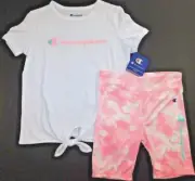 Champion Girl's T-Shirt & Shorts White Pink Size 5 Cotton Poly Tie Front New
