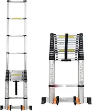 Durable Ladder Telescoping Extension Ladder,Telescoping Ladder 4.6M/5M/5.4M/5.8M/6.2M Telescopic Ladder,Extension Ladder with Stabilizer Bar and Wheels,Portable Loft Ladders Aluminium,Max Load 150Kg