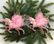 2 Unicorn Pegasus Christmas Ornaments Glitter Rhinestones Pink & Gold