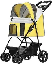 Pet Stroller Four-Wheel Foldable Light Travel Strolling Cart for Small and Medium Sized Cats and Dogs with Sunshade Waterproof (Yellow M)