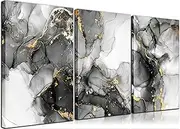 3 Pcs Modern Canvas Wall Art Prints Black and White Grey Abstract Modern Framed Gold Fluid Lines Ink Painting Marbling Picture Home Bedroom Decor Print Poster Contemporary Hanging Artwork Framed