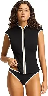 [Seafolly] Women's Short Cap Sleeve Zip Front Rashguard with Removable Cups, Beach Bound