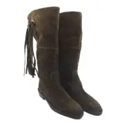 Authentic New CHANEL Brown Suede Flat Fringe Boots, Size 8.5, 10" Fringe Tassels