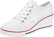 [Padgene] Women's Canvas High-Heeled Shoes Lace Up Fashion Sneakers Platform Wedges Pump Shoes