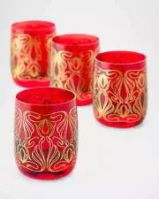 Neiman Marcus Holiday Red Gold Double Old Fashion Glass 4 Gift Box Prism Luster