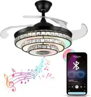 42" Modern 6-Speeds Ceiling Fan Smart Bluetooth Music 7-Color Crystal Chandelier