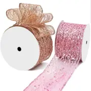 2.5 Inch Sequin Wired Ribbons, Gold Glitter Metallic Ribbon 10 Yard Pink Mesh Ri