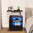 RGB LED 2 Shelves Bedside Table Smart Side Storage Cabinet w/2 USB Ports Black