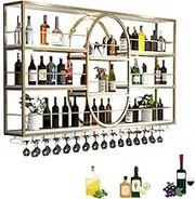Metal Wine Rack Wall Mounted with Hanging Wine Glass Rack and Liquor Bottle Display Shelf Whiskey Shelf and Alcohol Cabinet for Home Bar or Restaurant Storage
