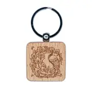 Elegant Peacock with Flowing Tail Feathers Engraved Wood Square Keychain