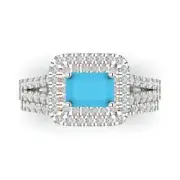 1.7ct Emerald Round Cut Halo Turquoise Stone Promise Bridal set 14k 2 tone Gold