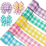 Whaline Colored Wired Edge Ribbon 30 Yards Spring Pastel Gingham Patterned Ribbon Colorful Buffalo Plaids Craft Fabric Ribbon for Gift Wreath Bow Making DIY Crafts Wrapping Supplies, 5 Rolls