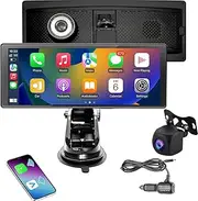 Portable Car Stereo Compatibel with Wireless Carplay & Android Auto, 10,26” Touchscreen Car Monitor with 2k DVR and AHD Backup Camera,AUX/FM/Bluetooth/Airplay for All Car Models