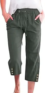[Generic] Women's Clothing Womens Capris Pants High Waist Drawstring Comfy Casual Pants Lightweight Loose Trousers Buttons Trim