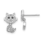 Sterling Silver Cheryl M Rhodium-Plated Moveable Brilliant-Cut Black And White Cz Cat Post Dangle Earrings