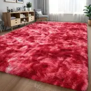 Fluffy Shag Area Rug, 6x9 ft Burgundy Red Tie-Dyed Shaggy Fuzzy Carpets for L...