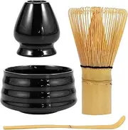 Fxvhojq 4Pcs Matcha Tea Set Matcha Traditional Starter Set with Ceramic Matcha Bowl Bamboo Matcha Whisk Ceramic Matcha Whisk Holder Bamboo Scoop Matcha Whisk Tool Kit for Matcha Tea Making (Black)