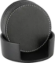CARLWAY Set of 6 Leather Drink Coasters Round Cup Mat Pad for Home and Kitchen Use Black, 3.94", 10cm,