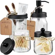 LABUBU Mason Jar Bathroom Accessories Set 4 Pcs -Lotion Soap Dispenser & 2 Cotton Swab Holders & Toothbrush Holder - Rustic Farmhouse Decor, Bathroom Home Decor, Perfect Decorating Idea (Black)