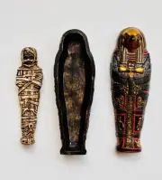 3 PIECE EGYPTIAN WRAPPED MUMMY IN CASKET 4" KING TUT TUTANKHAMUN RAMES PHARAOH