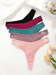 [AYTDNEHGK] 5PCS/Set Cotton Waffle Thongs Women Panties Sexy Underwear G String Solid Color Female Underpants Intimates Women Lingerie S-XL
