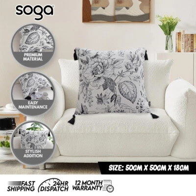 SOGA 50cm Throw Pillow Black and White Elegant Floral Print with Tassel Décor