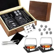Sheremart Sculpture Set with 2 Whiskey Glasses and 6 Stainless Steel Ice Rocks with Wooden Gift Box, 200ml Whiskey Glasses Set of 2, Gifts for Dad Husband (Set B)
