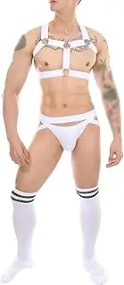 [Generic] Men'S Sissy Lace Panties Sexy Elastic Body Chest Harness Jockstrap Lingerie Set Thong Underwear G-String With Stockings, White, Large