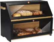 Stylish Extra Large 2-Layer Bread Storage Bin with Knife Block - Rustic Black