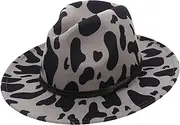 [COLLBATH] Woolen Jazz Hat for Ladies Big Brim Hat Fashion Flat-Edge Cow Pattern Cap Adjustable Suitable for Dinner Party Grey