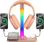 Headphone Stand with Wireless Charger,Gaming Headset Stand with RGB Light Mode,Airpod Max Stand Compatible with Airpod Pro/3/2,iPhone 16/15/14/13/12/11,Samsung,Gifts for Gamers & Music Lover (Gold)