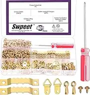 Swpeet 401Pcs Golden Picture Hangers Kit, Including Metal Sawtooth Picture Hangers Double Hole and Picture Frames Turn Button and D Ring Picture Frame Hanger and Screwdriver for Hanging Pictures