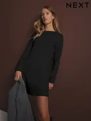Black Mini Cosy Soft Touch Rib Seam Detail Dress (B27426) | $44