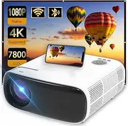 5G WiFi Projector 4K, 7800 Lumen HD 1080P Bluetooth Video Projector, 300" Screen Home Cinema Projector with Speaker, Auto-Keystone Outdoor Projector, HDMI/USB/VGA/Laptop/iOS/Android (White)